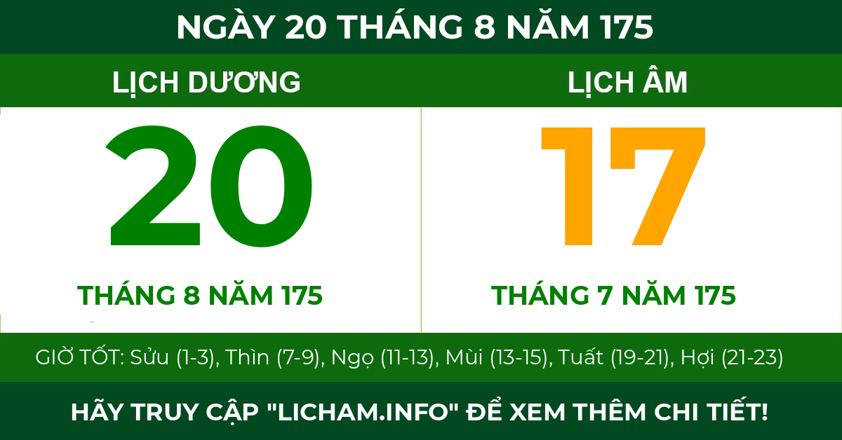 lịch âm ngày 20 tháng 8 năm 175