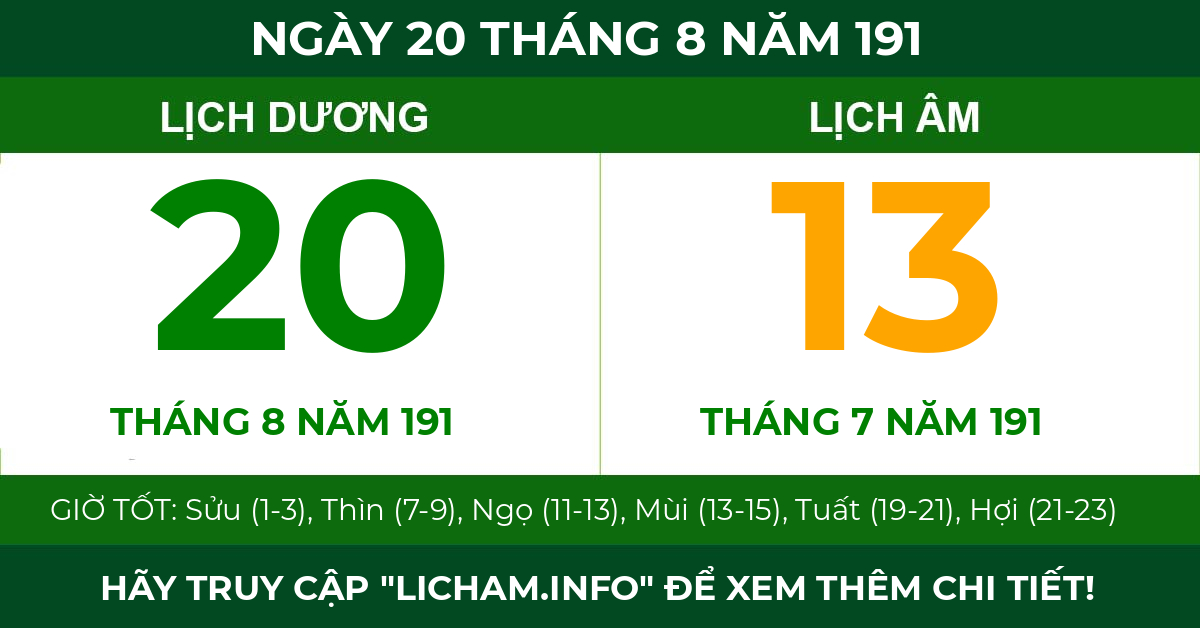 lịch âm ngày 20 tháng 8 năm 191