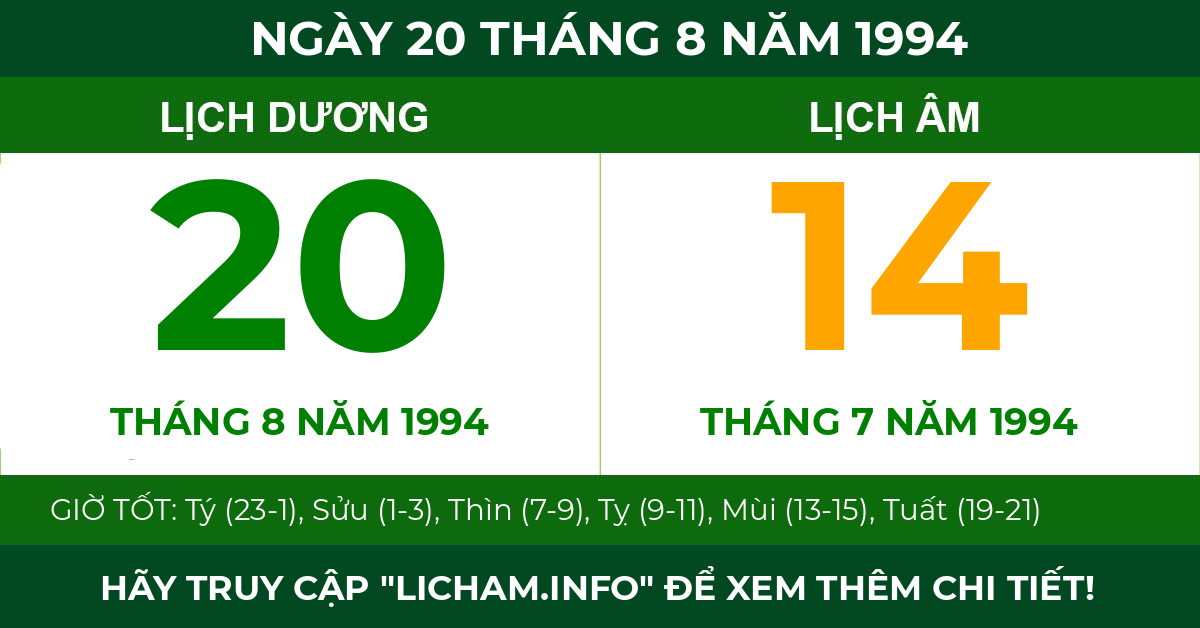 lịch âm ngày 20 tháng 8 năm 1994