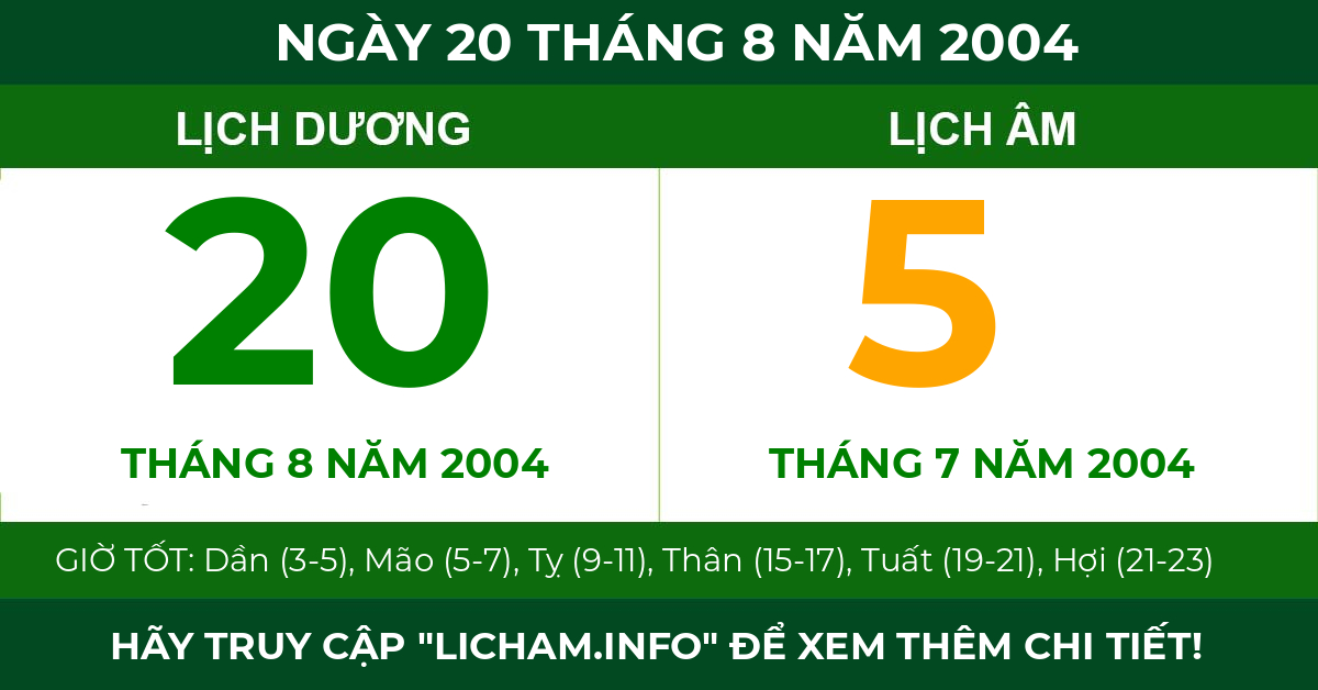 lịch âm ngày 20 tháng 8 năm 2004