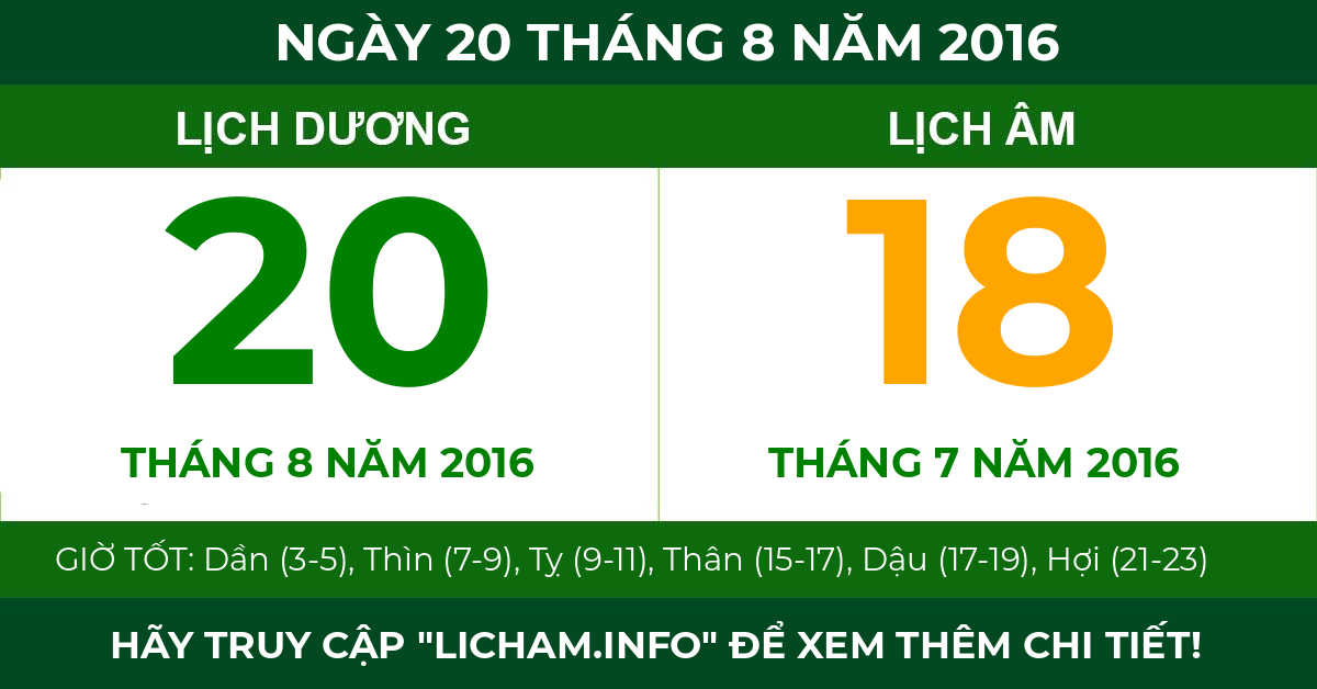 lịch âm ngày 20 tháng 8 năm 2016