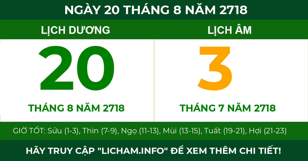 lịch âm ngày 20 tháng 8 năm 2718