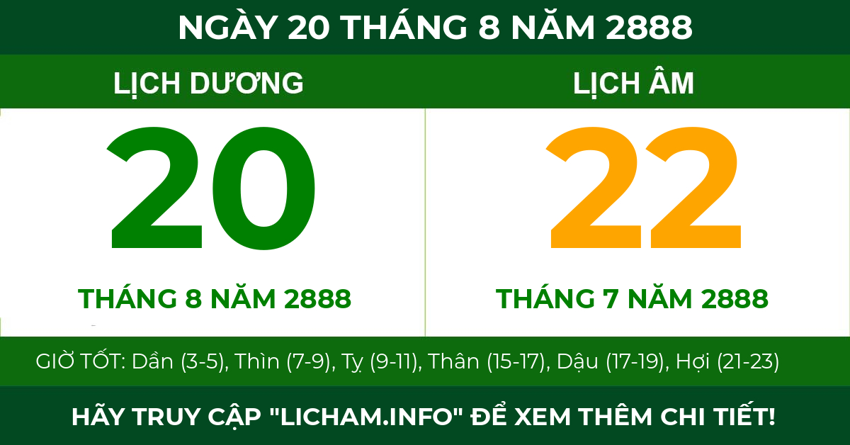 lịch âm ngày 20 tháng 8 năm 2888