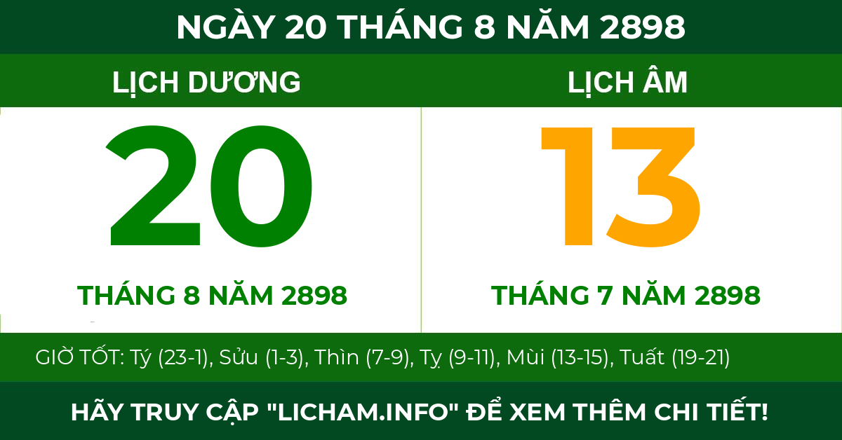 lịch âm ngày 20 tháng 8 năm 2898
