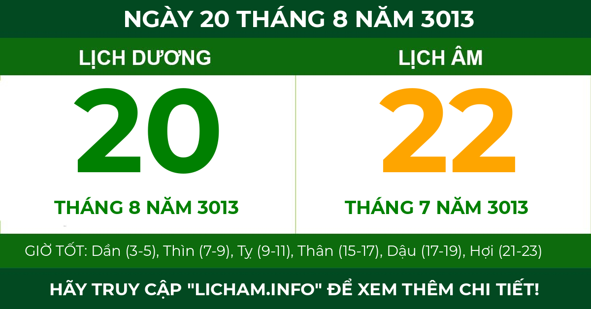 lịch âm ngày 20 tháng 8 năm 3013