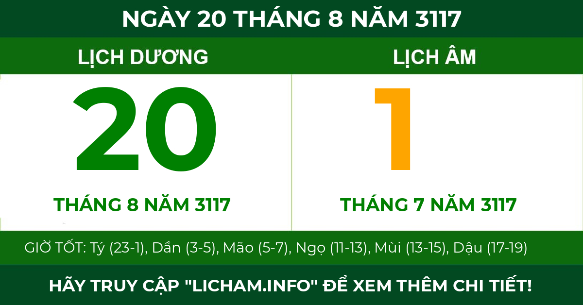 lịch âm ngày 20 tháng 8 năm 3117