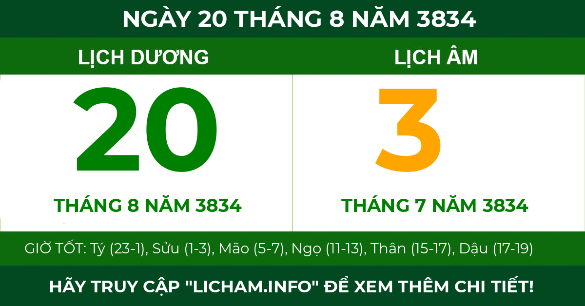 lịch âm ngày 20 tháng 8 năm 3834