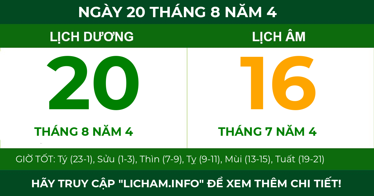 lịch âm ngày 20 tháng 8 năm 4