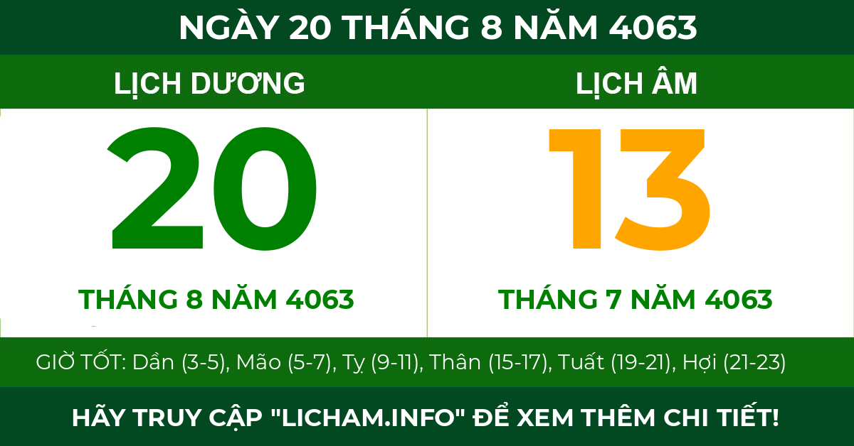 lịch âm ngày 20 tháng 8 năm 4063