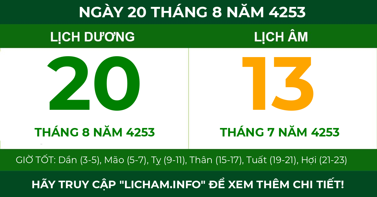 lịch âm ngày 20 tháng 8 năm 4253
