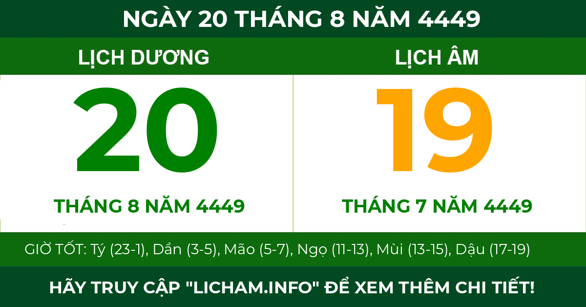 lịch âm ngày 20 tháng 8 năm 4449
