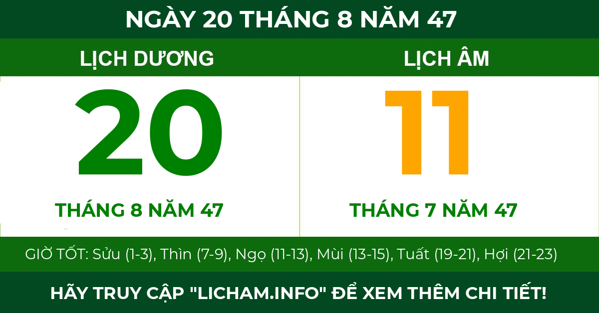 lịch âm ngày 20 tháng 8 năm 47