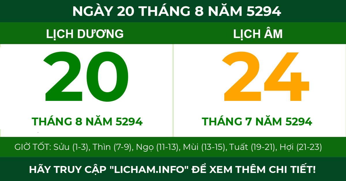 lịch âm ngày 20 tháng 8 năm 5294