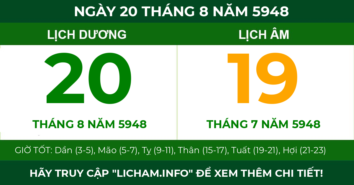lịch âm ngày 20 tháng 8 năm 5948