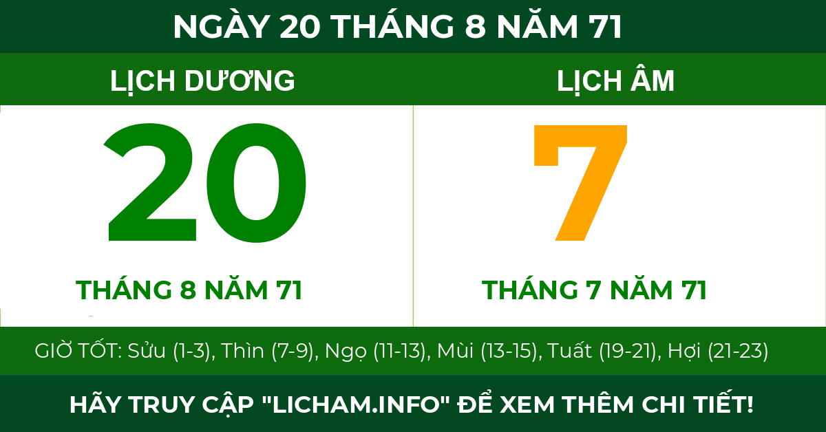 lịch âm ngày 20 tháng 8 năm 71