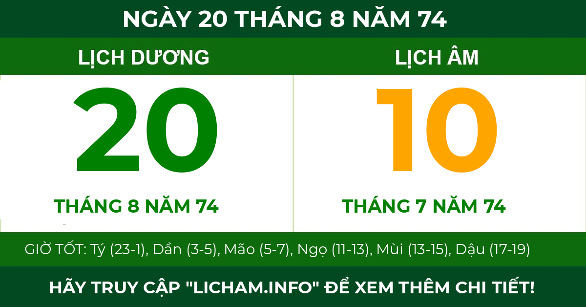 lịch âm ngày 20 tháng 8 năm 74