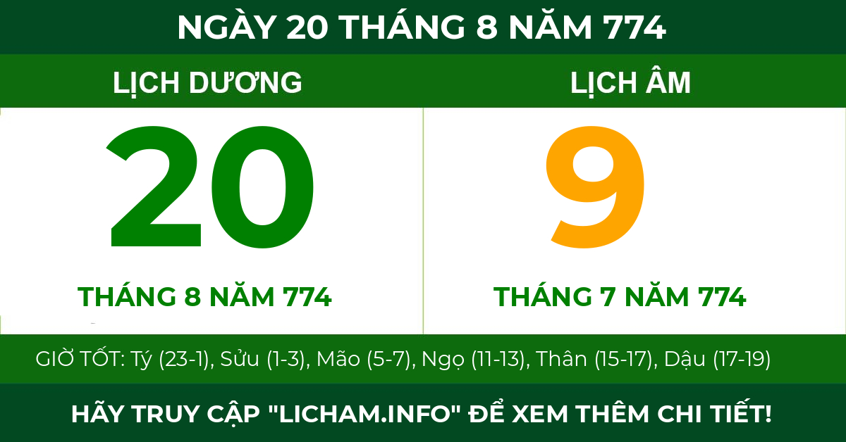 lịch âm ngày 20 tháng 8 năm 774