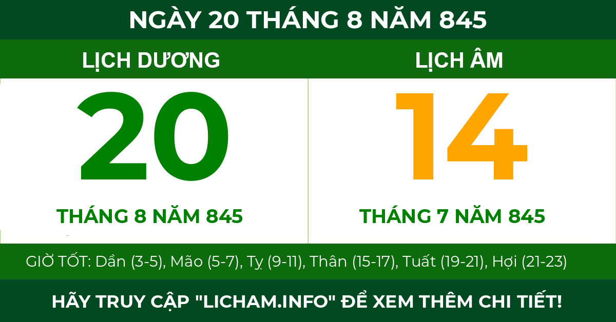 lịch âm ngày 20 tháng 8 năm 845