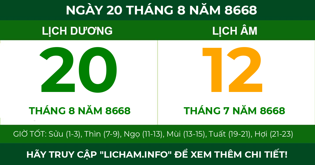lịch âm ngày 20 tháng 8 năm 8668
