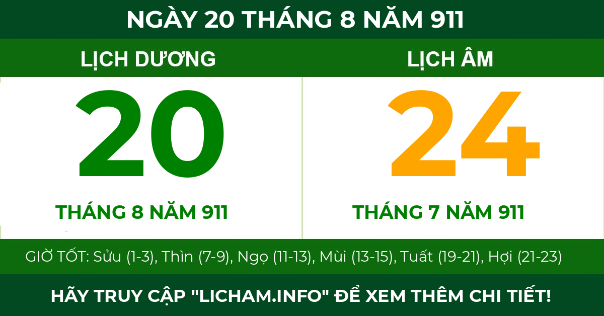 lịch âm ngày 20 tháng 8 năm 911