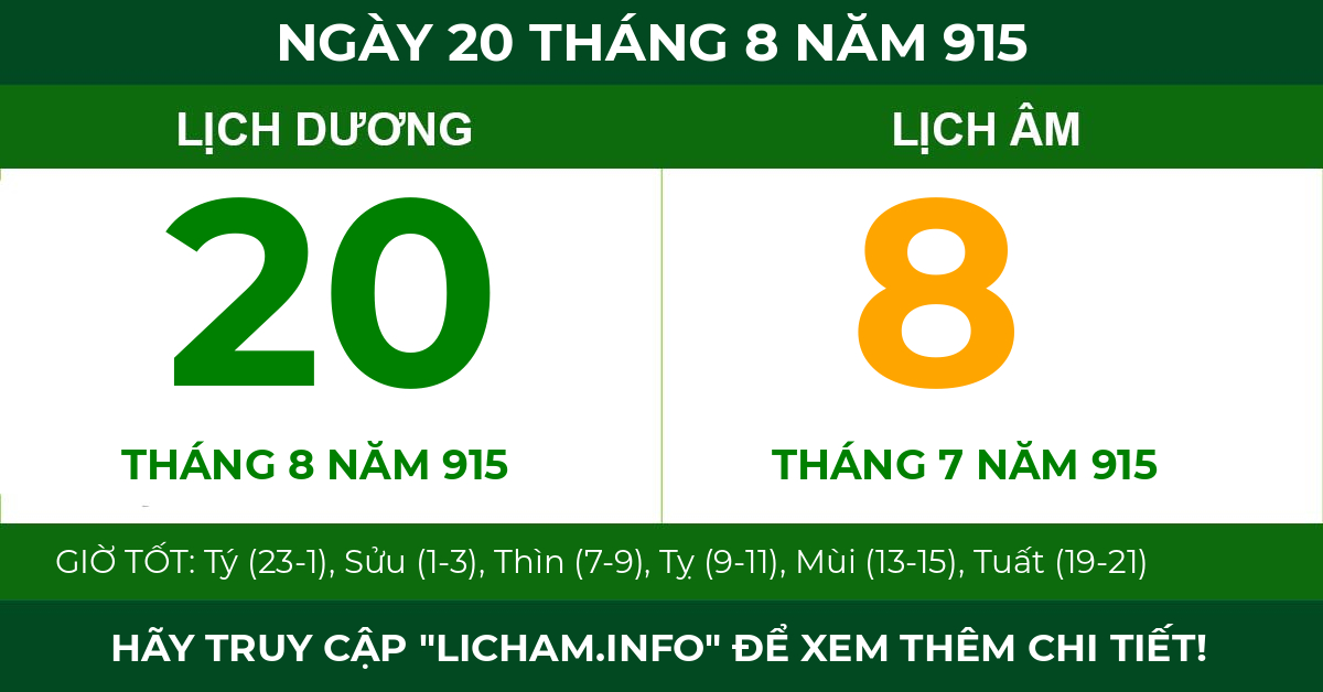 lịch âm ngày 20 tháng 8 năm 915