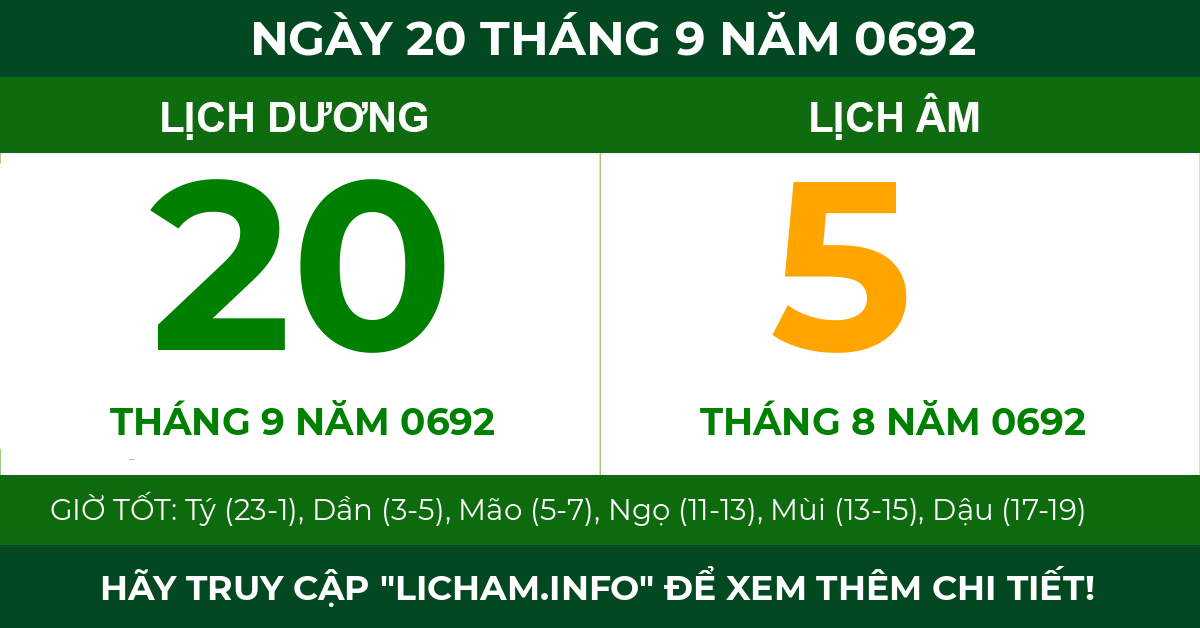 lịch âm ngày 20 tháng 9 năm 0692