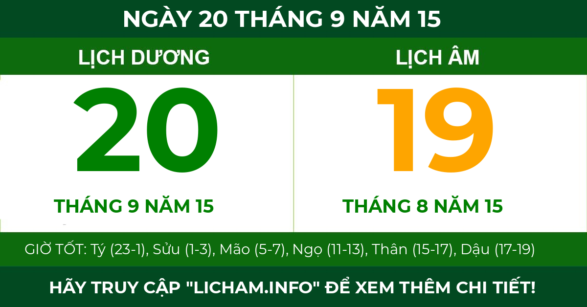 lịch âm ngày 20 tháng 9 năm 15