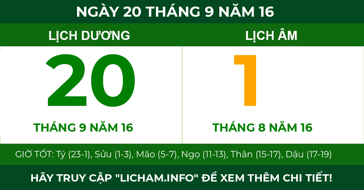 lịch âm ngày 20 tháng 9 năm 16