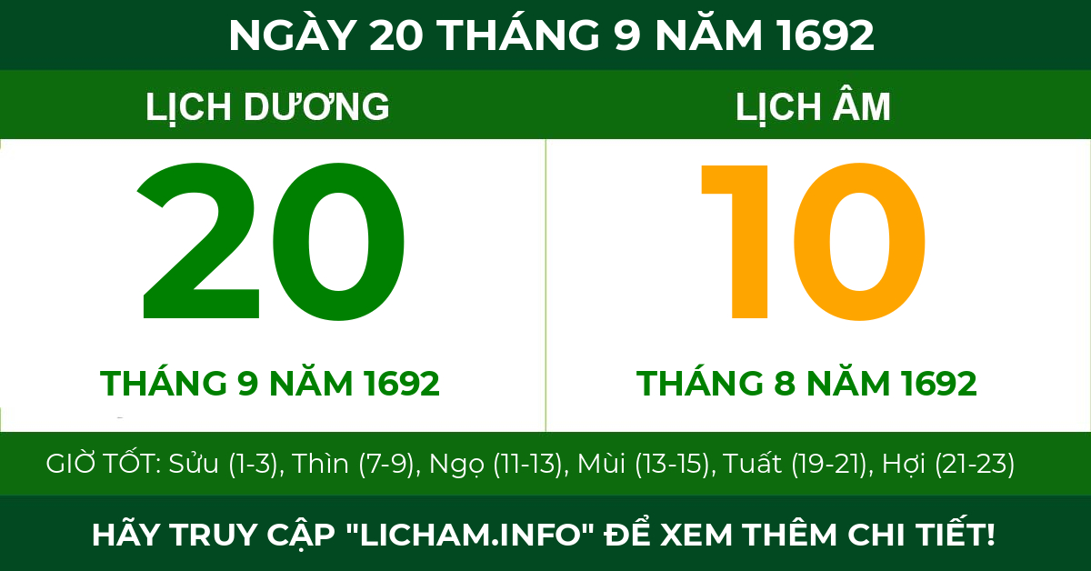 lịch âm ngày 20 tháng 9 năm 1692