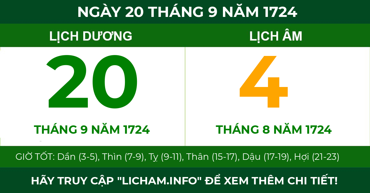 lịch âm ngày 20 tháng 9 năm 1724