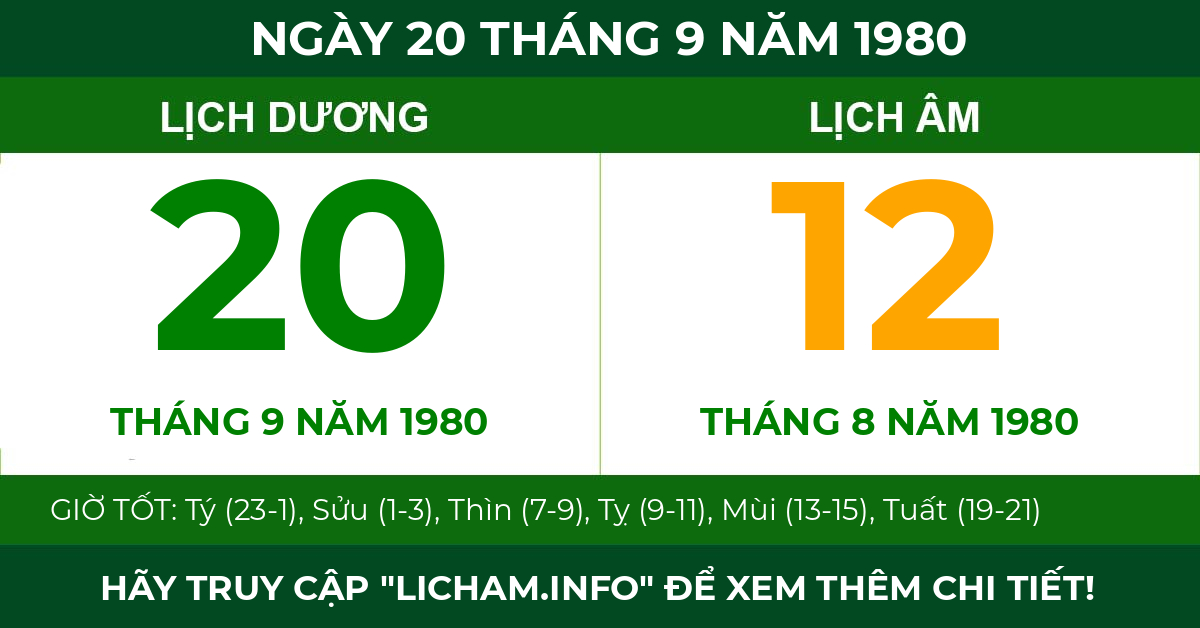 lịch âm ngày 20 tháng 9 năm 1980
