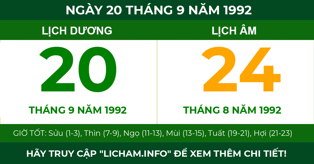 lịch âm ngày 20 tháng 9 năm 1992