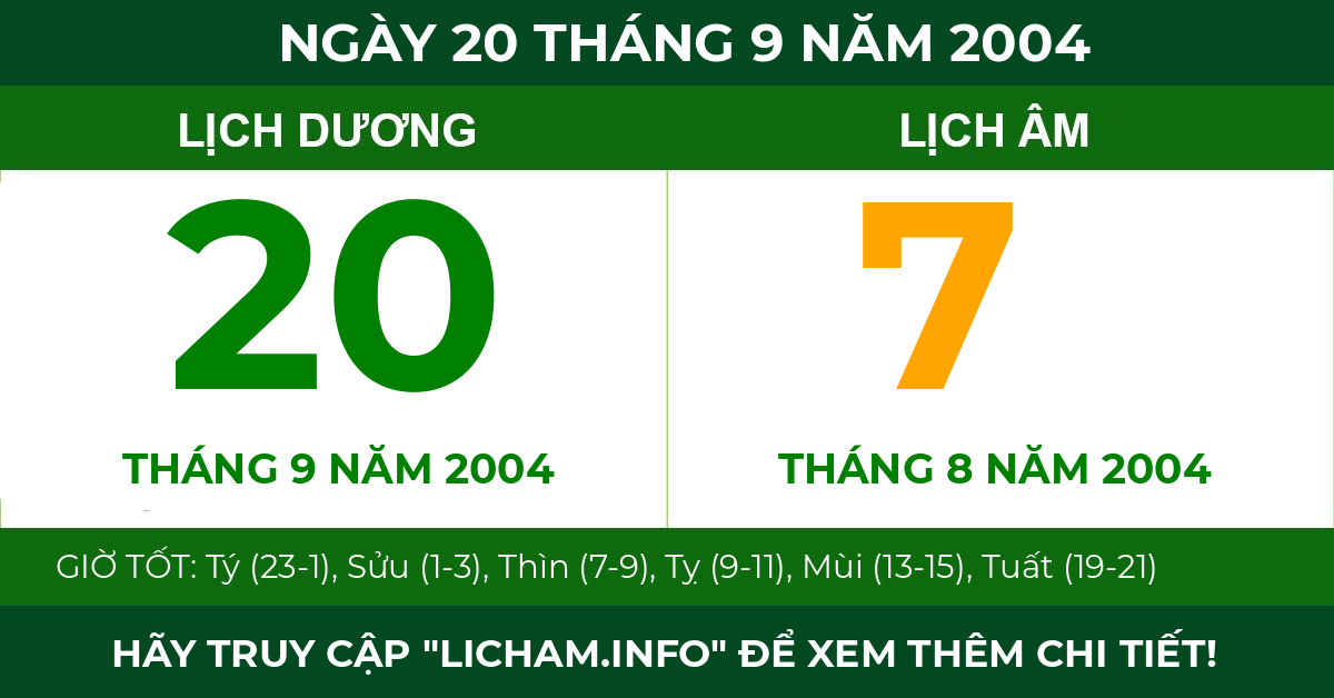 lịch âm ngày 20 tháng 9 năm 2004