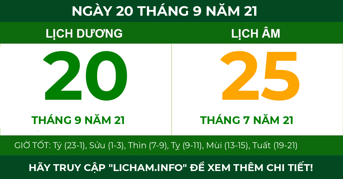 lịch âm ngày 20 tháng 9 năm 21