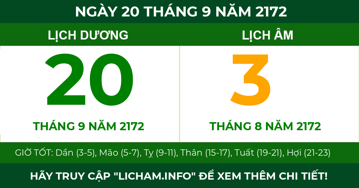 lịch âm ngày 20 tháng 9 năm 2172