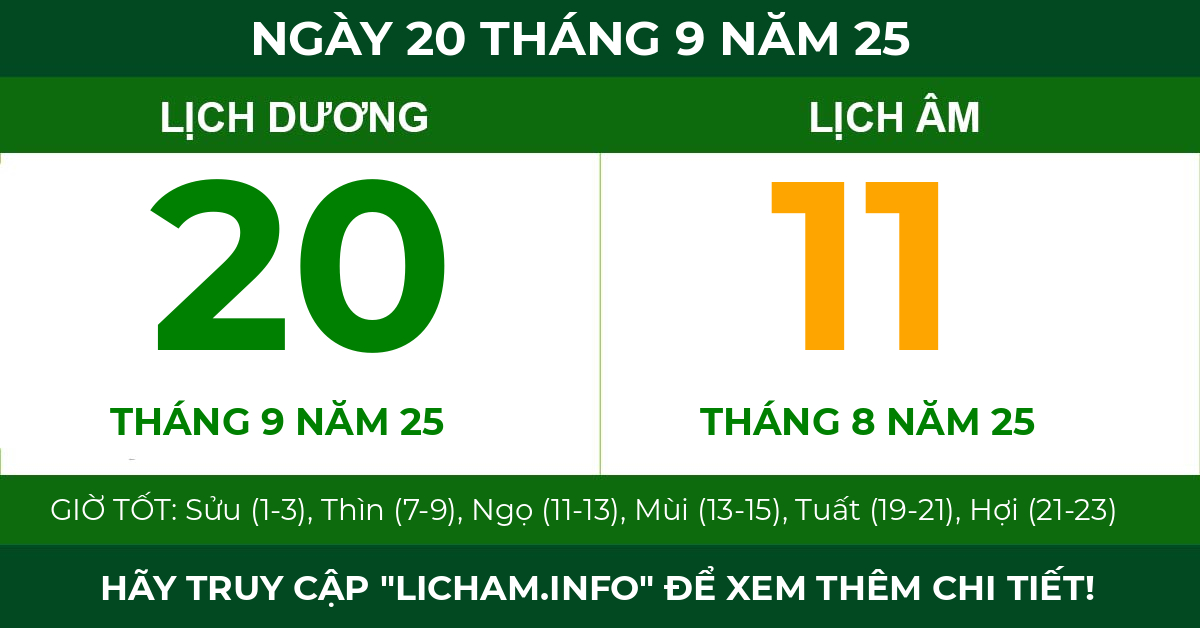 lịch âm ngày 20 tháng 9 năm 25