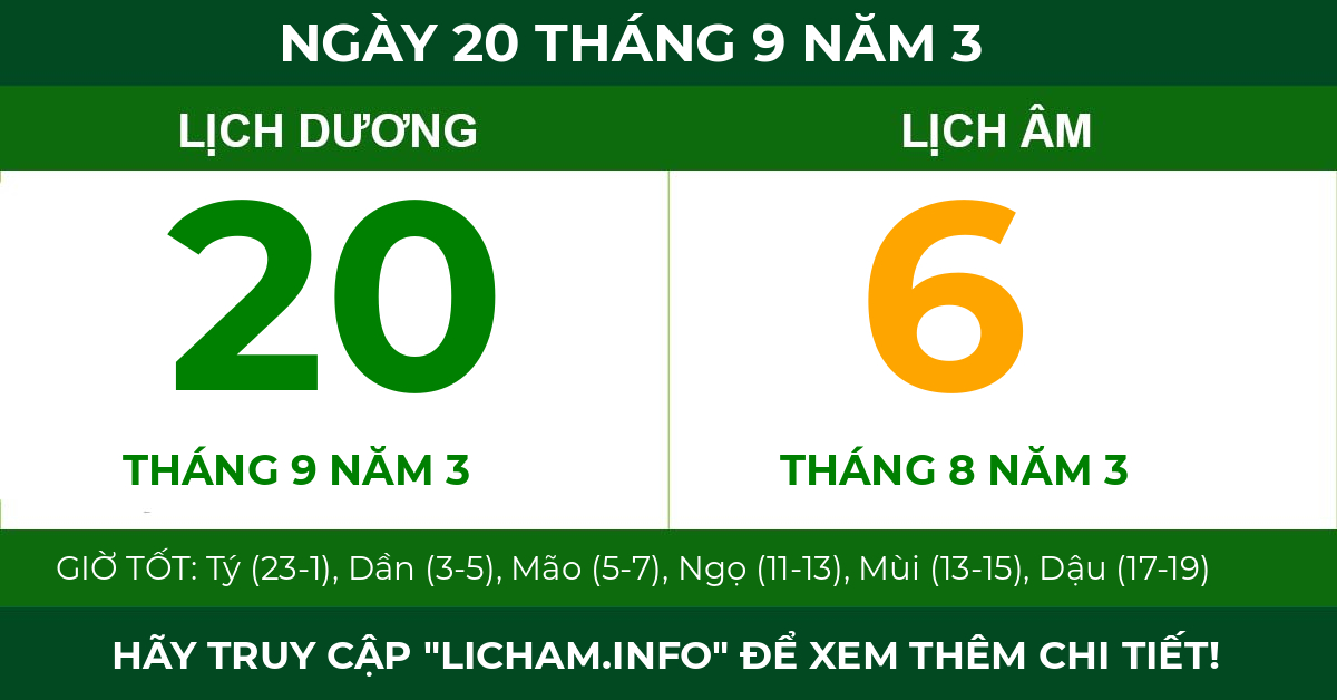 lịch âm ngày 20 tháng 9 năm 3