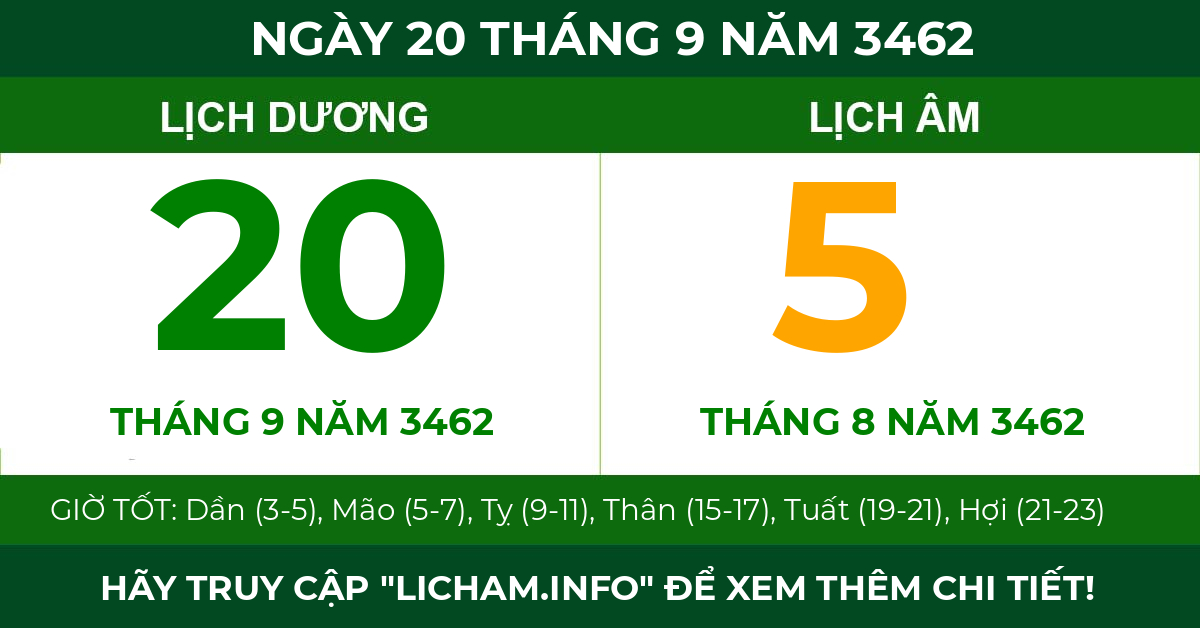 lịch âm ngày 20 tháng 9 năm 3462