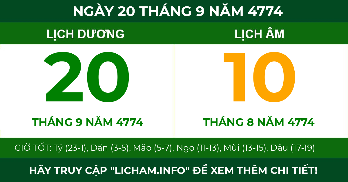 lịch âm ngày 20 tháng 9 năm 4774