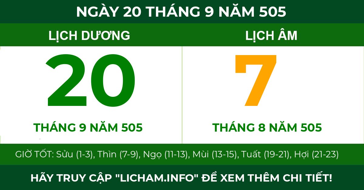 lịch âm ngày 20 tháng 9 năm 505