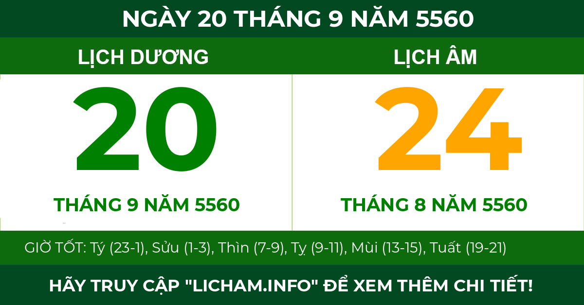 lịch âm ngày 20 tháng 9 năm 5560