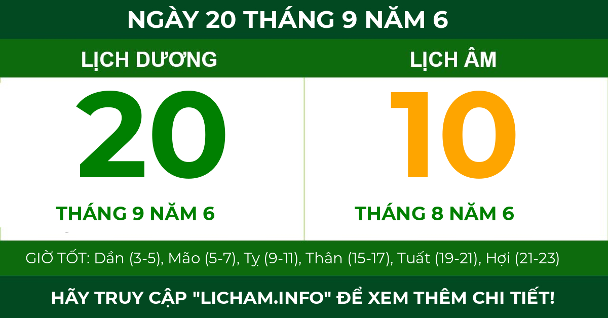 lịch âm ngày 20 tháng 9 năm 6