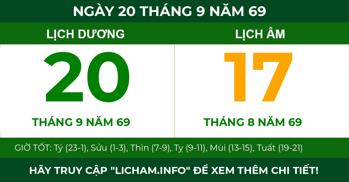 lịch âm ngày 20 tháng 9 năm 69