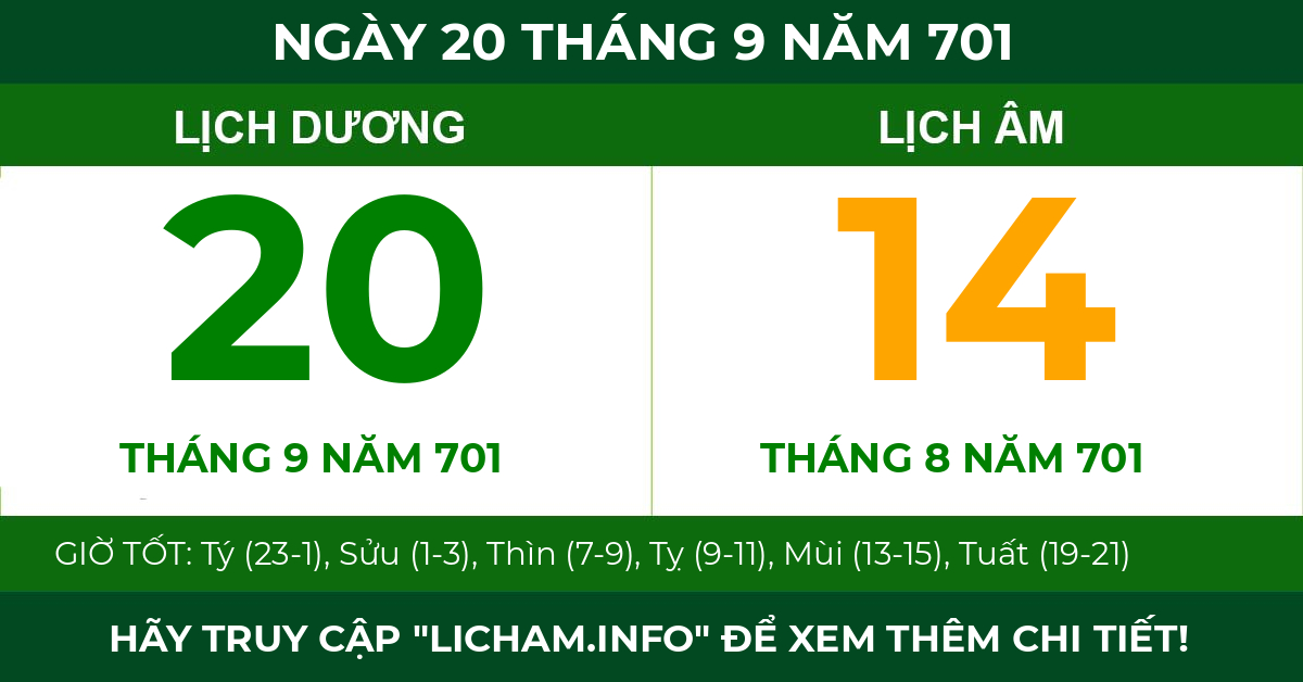 lịch âm ngày 20 tháng 9 năm 701
