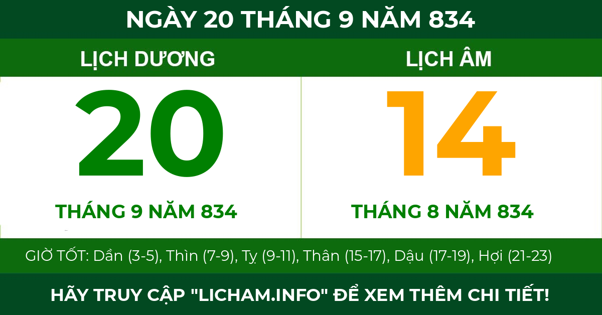 lịch âm ngày 20 tháng 9 năm 834