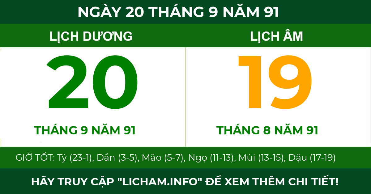 lịch âm ngày 20 tháng 9 năm 91