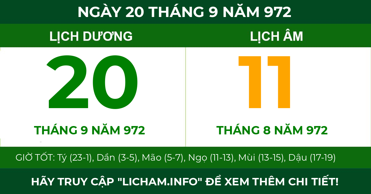 lịch âm ngày 20 tháng 9 năm 972