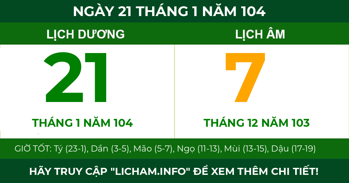 lịch âm ngày 21 tháng 1 năm 104