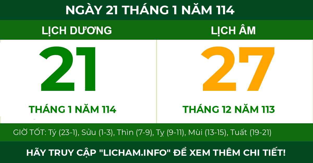 lịch âm ngày 21 tháng 1 năm 114