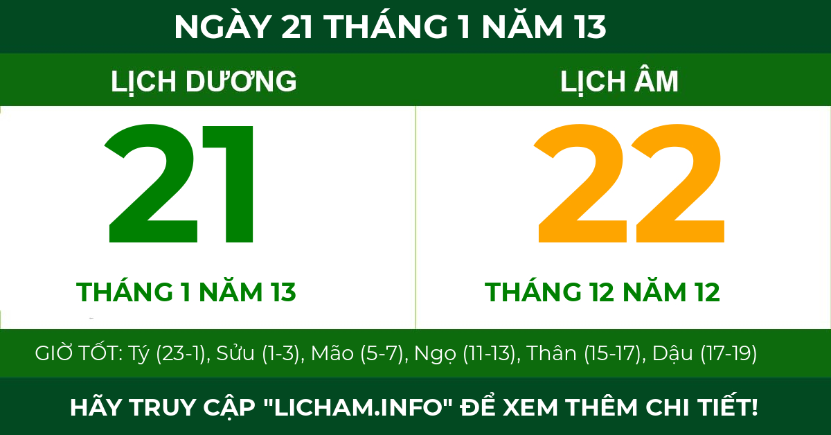 lịch âm ngày 21 tháng 1 năm 13